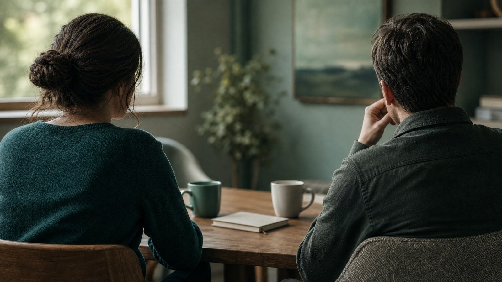 Twee mensen zitten aan een tafel in een rustig gesprek, van achteren gezien.
